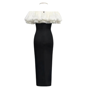 Black Long Bandage Dress with Off-the-Shoulder Ruffled Top and High Side Slit