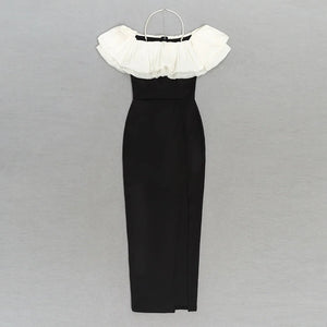Black Long Bandage Dress with Off-the-Shoulder Ruffled Top and High Side Slit
