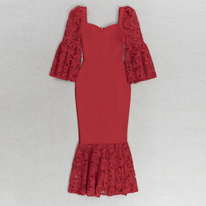 Elegant Red Bodycon Dress with Off-Shoulder Lace Sleeves and Mermaid Hem for Evening Events