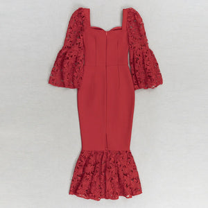 Elegant Red Bodycon Dress with Off-Shoulder Lace Sleeves and Mermaid Hem for Evening Events