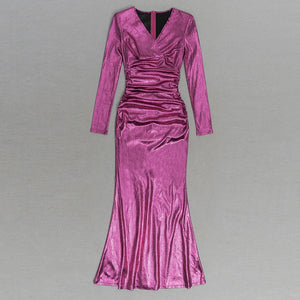 Elegant Long Sleeve V-Neck Purple Metallic Pleated Maxi Dress