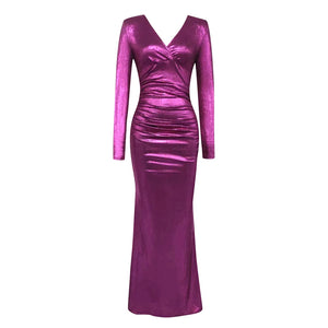 Elegant Long Sleeve V-Neck Purple Metallic Pleated Maxi Dress
