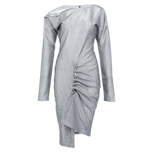 Silver Starry Long Sleeve Mini Dress with Button Detail and Asymmetrical Ruched Hem for Women