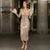 Champagne Sequin Midi Dress with Plunge V-Neck, Sheer Long Sleeves, and Backless Design