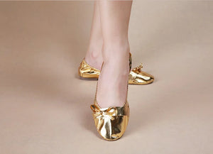 Women's Gold Metallic Ballet Flat Dance Shoes with Bow Detail