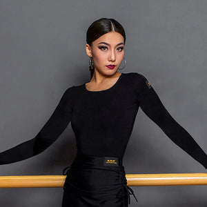 Women's Black Long Sleeve Round Neck Dance Top with Drawstring Skirt