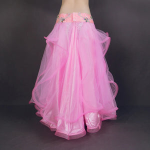 Women's White Organza Layered Ruffle Belly Dance Skirt with Embellished Waistband