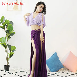 Women's Light Blue Crop Top & Navy Sequin Slit Skirt Belly Dance Costume