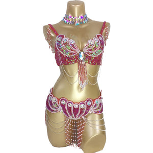 Belly Dance Costume, Women's Red Sequin & Bead Bra and Belt Set with Chains and Iridescent Choker, Performance Wear