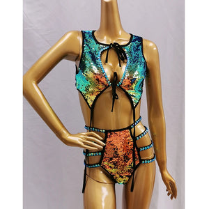 Sequined Cut-Out Bodysuit, Women's Multi-Color Sequin & Black Lycra, Open Back & Side Straps, Jazz Dance Performance Costume