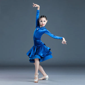 Girls' Blue Velvet Long Sleeve Ruffle Latin Ballroom Dance Dress