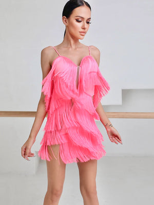 Women's Black Fringe Latin Ballroom Dance Dress, V-Neck Spaghetti Strap Cut-Out Mini Dress