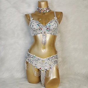 Belly Dance Costume Women's White Sequin & Rhinestone Choker Bra Belt Set with Beaded Fringe