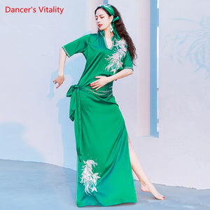 Belly Dance Dress Women Purple Satin Embroidered Kaftan with Slit and Waistband for Oriental Dance