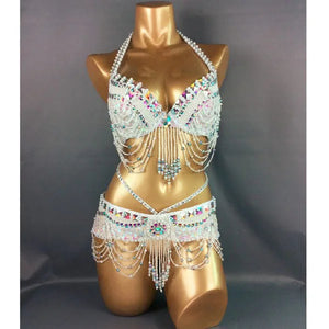 Belly Dance Costume Women's White Beaded Halter Bra and Belt Set with Iridescent Sequins and Dangling Chains