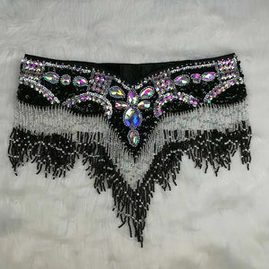 Belly Dance Hip Scarf, Women's Black & Silver Sequin Beaded Fringe Hip Belt, Tribal Dance Skirt