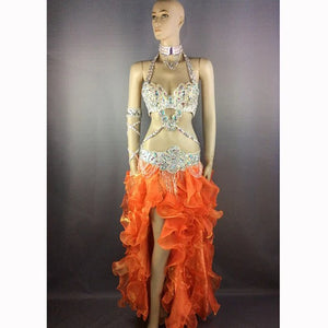 Women's White Sequin & Rhinestone Embellished Halter Neck Belly Dance Costume with Ruffled High-Low Skirt