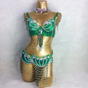 Belly Dance Costume, Women's Red Sequin & Bead Bra and Belt Set with Chains and Iridescent Choker, Performance Wear