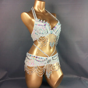 Belly Dance Costume Women's White Beaded Halter Bra and Belt Set with Iridescent Sequins and Dangling Chains