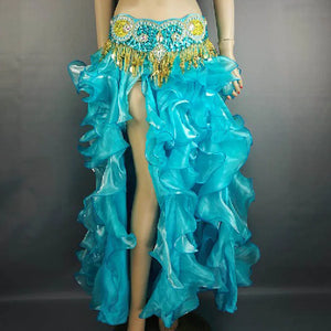 Belly Dance Skirt Women Orange Beaded Sequin Hip Scarf Ruffled Organza Slit Skirt Tribal Fusion Costume