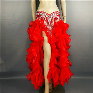 Belly Dance Skirt Women Orange Beaded Sequin Hip Scarf Ruffled Organza Slit Skirt Tribal Fusion Costume