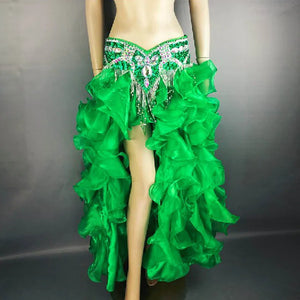 Belly Dance Skirt Women Orange Beaded Sequin Hip Scarf Ruffled Organza Slit Skirt Tribal Fusion Costume