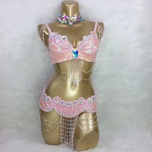Belly Dance Costume, Women's Red Sequin & Bead Bra and Belt Set with Chains and Iridescent Choker, Performance Wear