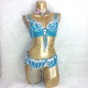 Belly Dance Costume, Women's Red Sequin & Bead Bra and Belt Set with Chains and Iridescent Choker, Performance Wear