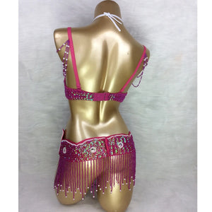 Belly Dance Costume, Women's Red Sequin & Bead Bra and Belt Set with Chains and Iridescent Choker, Performance Wear
