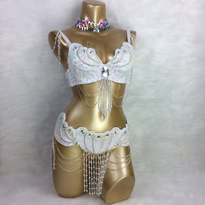 Belly Dance Costume, Women's Red Sequin & Bead Bra and Belt Set with Chains and Iridescent Choker, Performance Wear