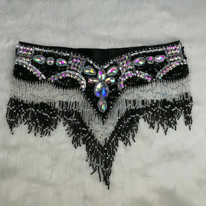 Belly Dance Hip Scarf, Women's Black & Silver Sequin Beaded Fringe Hip Belt, Tribal Dance Skirt