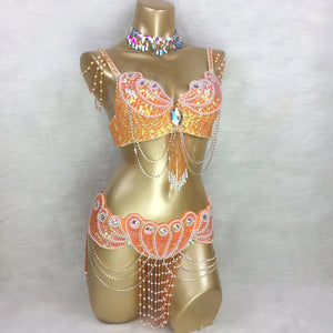 Belly Dance Costume, Women's Red Sequin & Bead Bra and Belt Set with Chains and Iridescent Choker, Performance Wear
