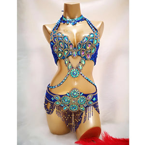 Dance Costume Women's White Iridescent Crystal Beaded Halter Bra and Belt Set with Fringe, Belly Dance