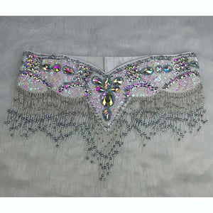 Belly Dance Hip Scarf, Women's Black & Silver Sequin Beaded Fringe Hip Belt, Tribal Dance Skirt