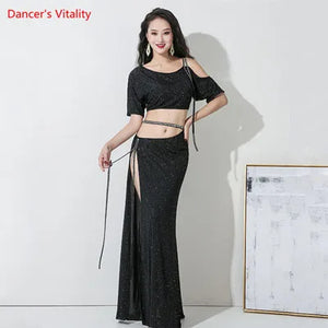 Belly Dance Women's Purple Shimmer Crop Top and High Slit Maxi Skirt Set, Sequin Trim, Performance Costume