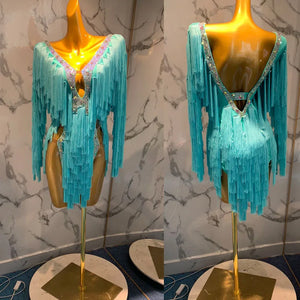 Latin Dance Dress Women's Turquoise Fringe V-Neck Rhinestone Open Back Leotard Samba Cha-Cha Rumba Performance Costume