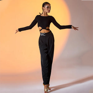 Women's Black Cut-Out Long Sleeve Crop Top and Pleated Wide Leg Dance Pants Set, Pinko Branded