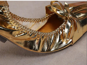 Women's Gold Metallic Ballet Flat Dance Shoes with Bow Detail