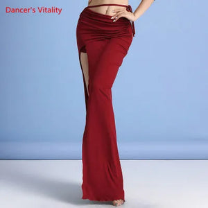 Belly Dance Skirt, Women's, Burgundy, High Slit Tie-Waist Ruched Maxi Skirt, Belly Dance