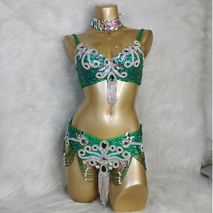 Belly Dance Costume Women's White Sequin & Rhinestone Choker Bra Belt Set with Beaded Fringe