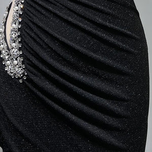 One-Shoulder Beaded Black Dress with High Slit and Train Detail