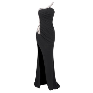 One-Shoulder Beaded Black Dress with High Slit and Train Detail