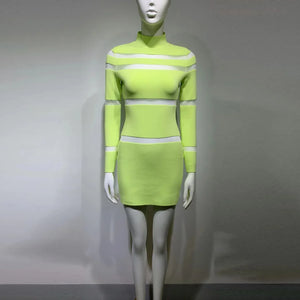 Elegant Long Sleeve Lime Green Dress with Sheer Brown Stripes