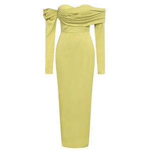 Elegant Yellow Strapless Long Sleeve Dress with Fitted Waist and Long Skirt