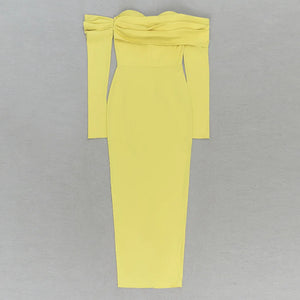 Elegant Yellow Strapless Long Sleeve Dress with Fitted Waist and Long Skirt