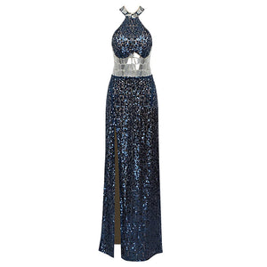 Royal Blue Sequin Halter Neck Dress with Diamond Beaded Waist and Side Split for Prom and Weddings