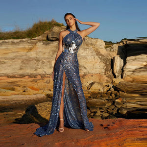 Royal Blue Sequin Halter Neck Dress with Diamond Beaded Waist and Side Split for Prom and Weddings