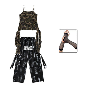 Kids Girls Camouflage Cami Top Black White Print Cargo Pants Hip Hop Dance Costume