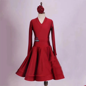 Girls Ballroom Dance Dress Red, Pink, Green, Yellow, Lime Green, Purple Long Sleeve V-Neck Competition Costume