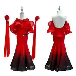 Ballroom Dance Dress Girls Red Ombre Black Ruffle Rose Off-Shoulder Long Sleeve; Ballroom Dance Dress Girls Pink Ombre White Ruffle Bow Off-Shoulder